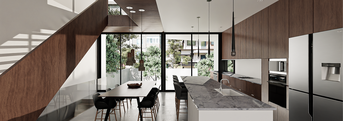Open plan kitchen and dining 3D render