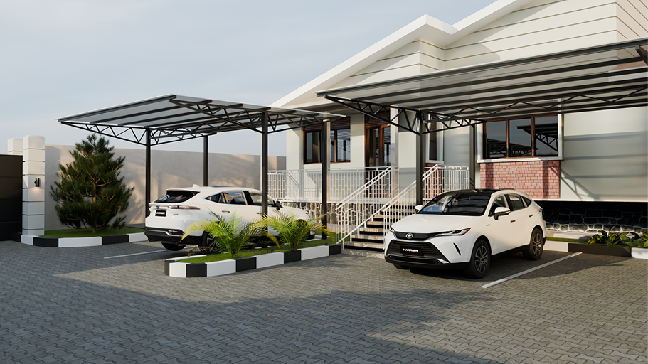 Completed building exterior with covered parking