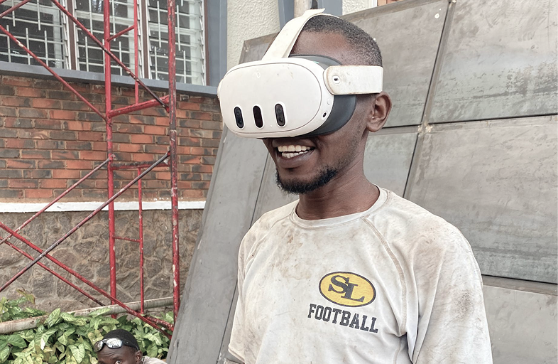 Person wearing VR headset at construction site